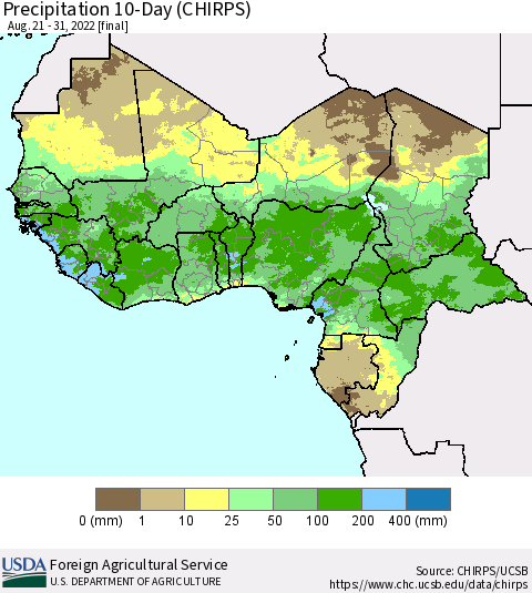 Western Africa Precipitation 10-Day (CHIRPS) Thematic Map For 8/21/2022 - 8/31/2022