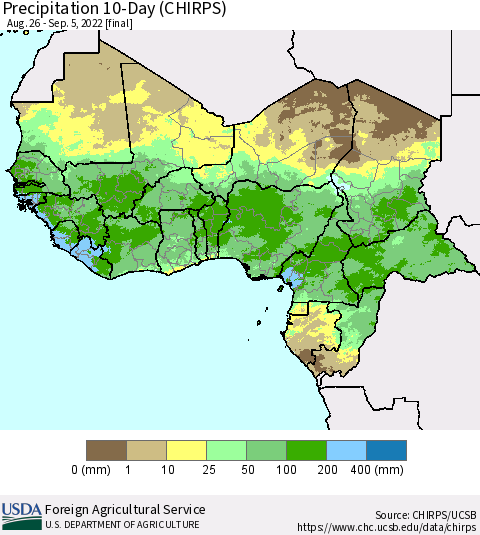 Western Africa Precipitation 10-Day (CHIRPS) Thematic Map For 8/26/2022 - 9/5/2022
