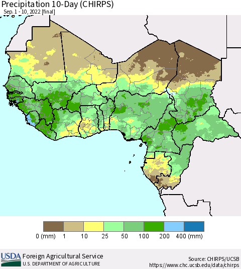 Western Africa Precipitation 10-Day (CHIRPS) Thematic Map For 9/1/2022 - 9/10/2022
