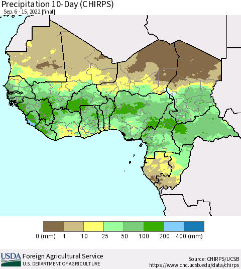 Western Africa Precipitation 10-Day (CHIRPS) Thematic Map For 9/6/2022 - 9/15/2022
