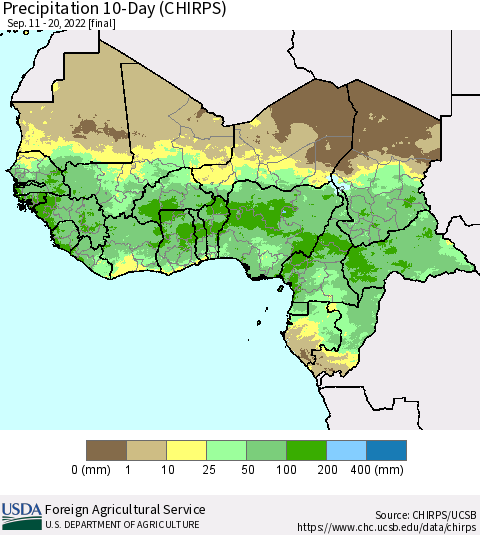 Western Africa Precipitation 10-Day (CHIRPS) Thematic Map For 9/11/2022 - 9/20/2022