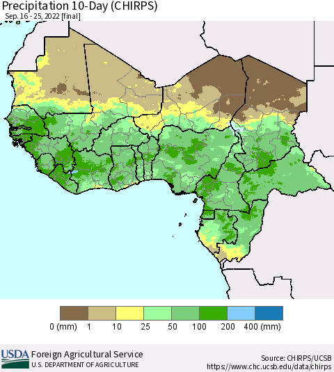 Western Africa Precipitation 10-Day (CHIRPS) Thematic Map For 9/16/2022 - 9/25/2022