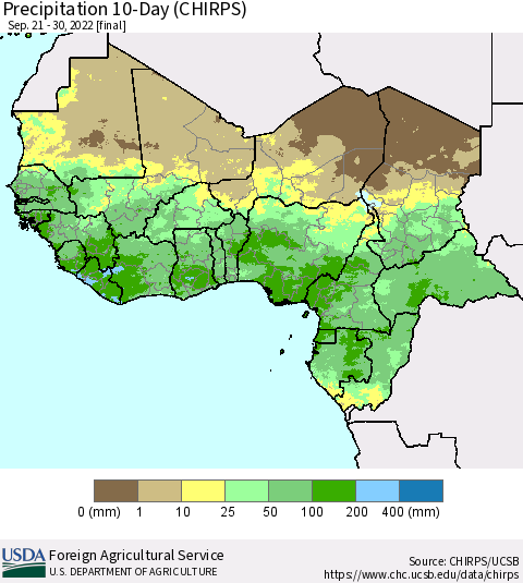 Western Africa Precipitation 10-Day (CHIRPS) Thematic Map For 9/21/2022 - 9/30/2022