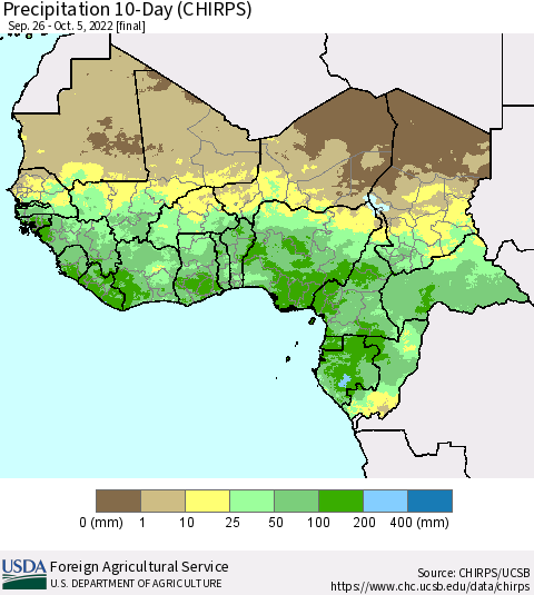 Western Africa Precipitation 10-Day (CHIRPS) Thematic Map For 9/26/2022 - 10/5/2022
