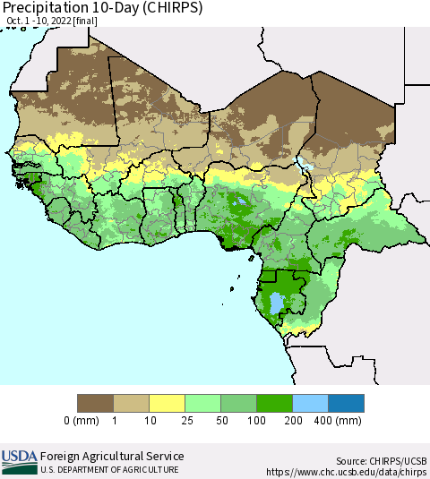 Western Africa Precipitation 10-Day (CHIRPS) Thematic Map For 10/1/2022 - 10/10/2022