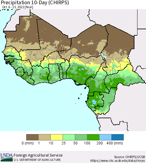 Western Africa Precipitation 10-Day (CHIRPS) Thematic Map For 10/6/2022 - 10/15/2022