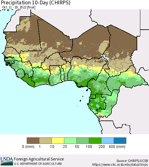 Western Africa Precipitation 10-Day (CHIRPS) Thematic Map For 10/11/2022 - 10/20/2022