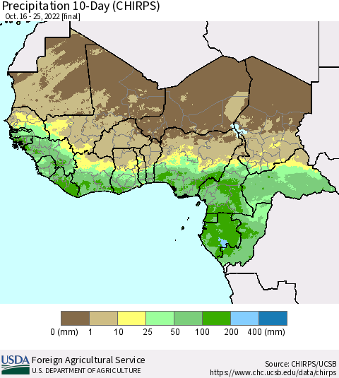 Western Africa Precipitation 10-Day (CHIRPS) Thematic Map For 10/16/2022 - 10/25/2022