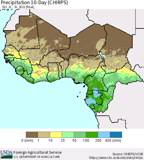 Western Africa Precipitation 10-Day (CHIRPS) Thematic Map For 10/21/2022 - 10/31/2022