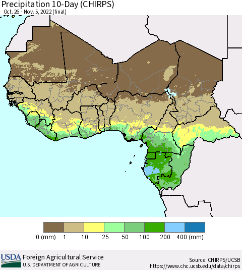 Western Africa Precipitation 10-Day (CHIRPS) Thematic Map For 10/26/2022 - 11/5/2022