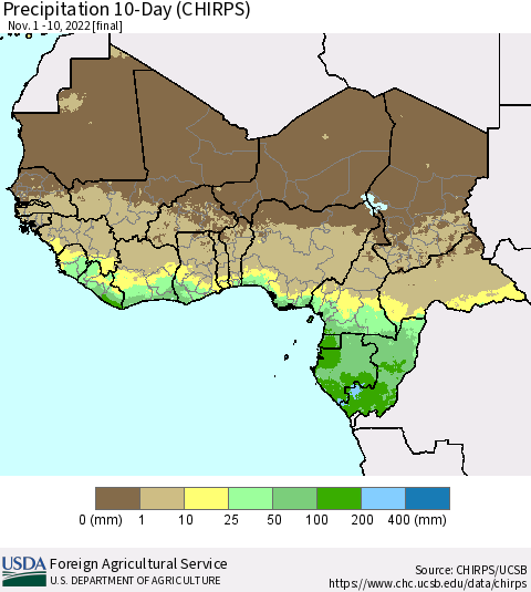 Western Africa Precipitation 10-Day (CHIRPS) Thematic Map For 11/1/2022 - 11/10/2022