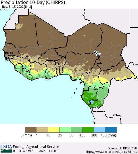 Western Africa Precipitation 10-Day (CHIRPS) Thematic Map For 11/6/2022 - 11/15/2022