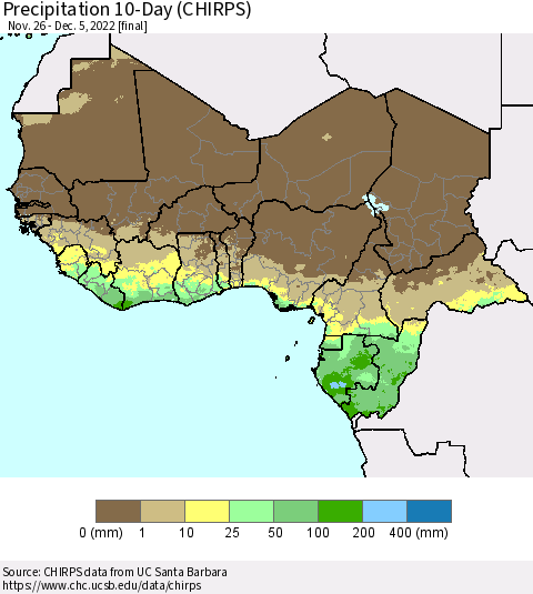 Western Africa Precipitation 10-Day (CHIRPS) Thematic Map For 11/26/2022 - 12/5/2022