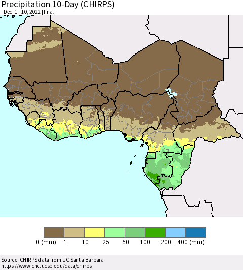 Western Africa Precipitation 10-Day (CHIRPS) Thematic Map For 12/1/2022 - 12/10/2022