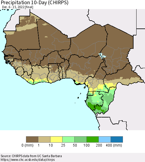 Western Africa Precipitation 10-Day (CHIRPS) Thematic Map For 12/6/2022 - 12/15/2022