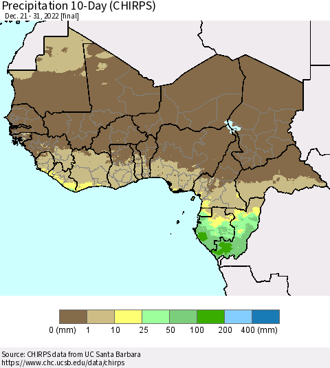 Western Africa Precipitation 10-Day (CHIRPS) Thematic Map For 12/21/2022 - 12/31/2022
