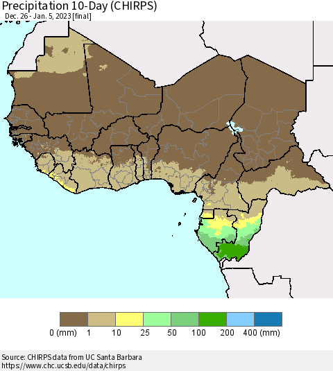 Western Africa Precipitation 10-Day (CHIRPS) Thematic Map For 12/26/2022 - 1/5/2023