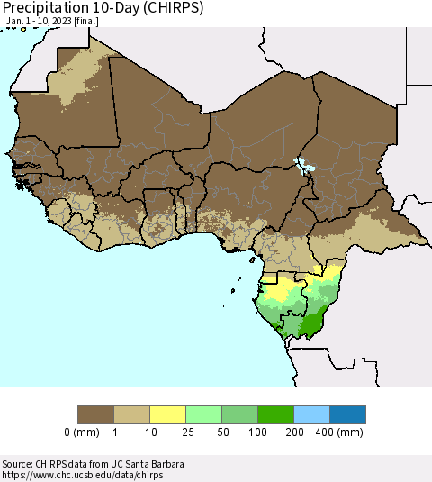 Western Africa Precipitation 10-Day (CHIRPS) Thematic Map For 1/1/2023 - 1/10/2023
