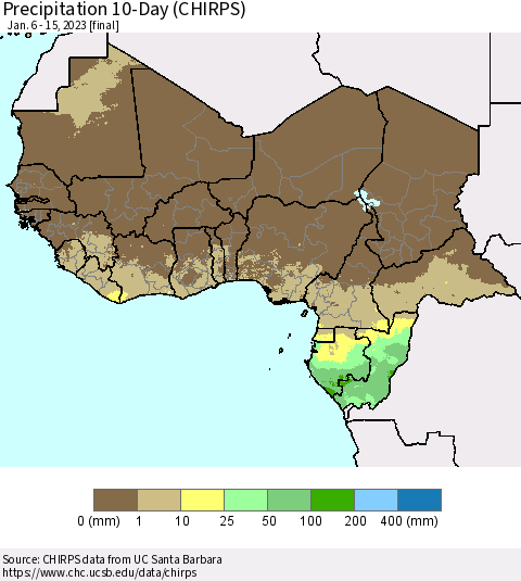 Western Africa Precipitation 10-Day (CHIRPS) Thematic Map For 1/6/2023 - 1/15/2023
