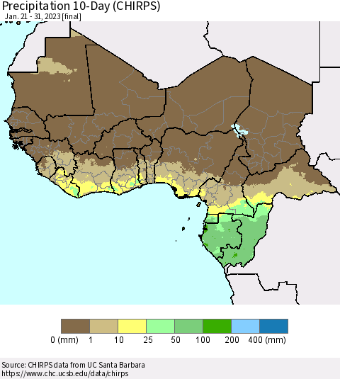 Western Africa Precipitation 10-Day (CHIRPS) Thematic Map For 1/21/2023 - 1/31/2023