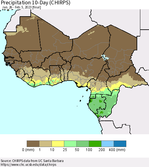 Western Africa Precipitation 10-Day (CHIRPS) Thematic Map For 1/26/2023 - 2/5/2023