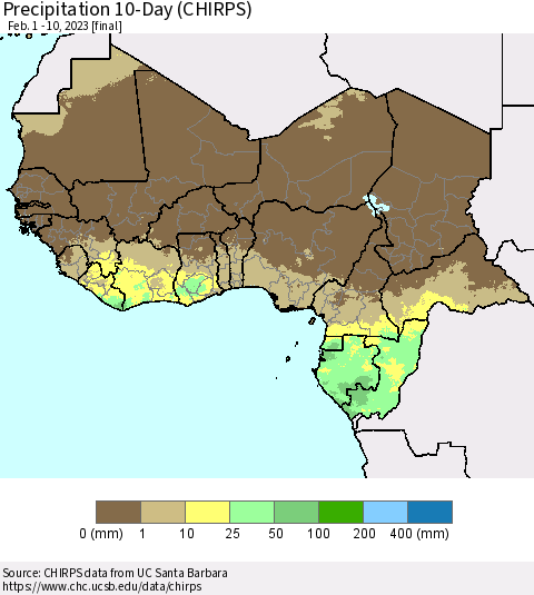 Western Africa Precipitation 10-Day (CHIRPS) Thematic Map For 2/1/2023 - 2/10/2023
