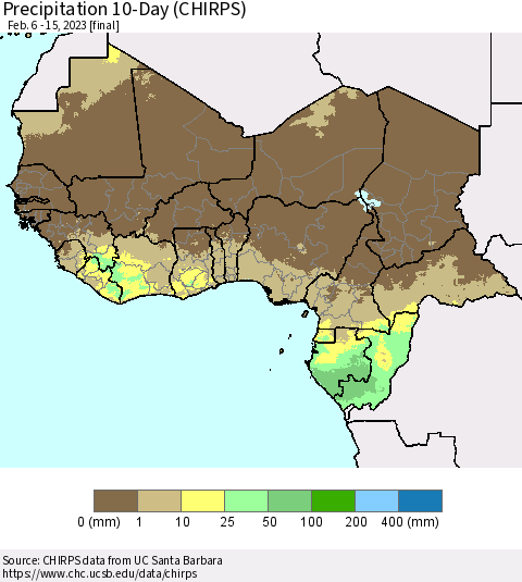 Western Africa Precipitation 10-Day (CHIRPS) Thematic Map For 2/6/2023 - 2/15/2023