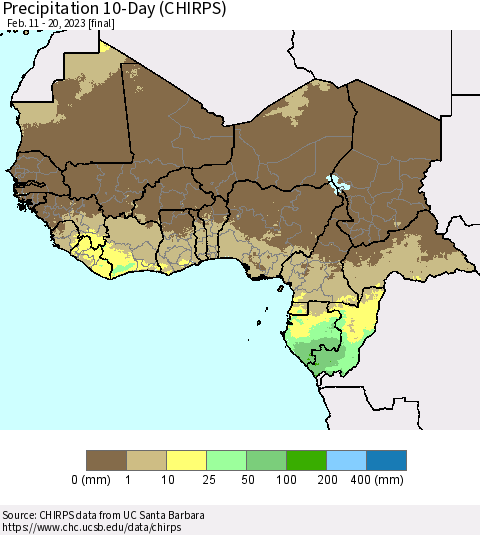 Western Africa Precipitation 10-Day (CHIRPS) Thematic Map For 2/11/2023 - 2/20/2023