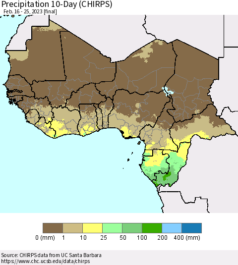 Western Africa Precipitation 10-Day (CHIRPS) Thematic Map For 2/16/2023 - 2/25/2023