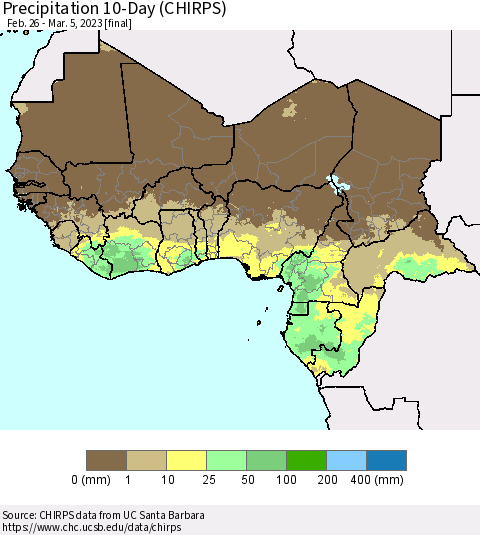 Western Africa Precipitation 10-Day (CHIRPS) Thematic Map For 2/26/2023 - 3/5/2023