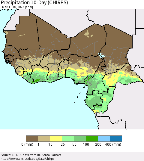 Western Africa Precipitation 10-Day (CHIRPS) Thematic Map For 3/1/2023 - 3/10/2023