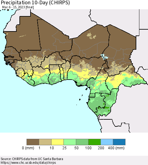 Western Africa Precipitation 10-Day (CHIRPS) Thematic Map For 3/6/2023 - 3/15/2023