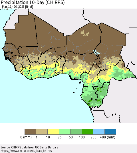 Western Africa Precipitation 10-Day (CHIRPS) Thematic Map For 3/11/2023 - 3/20/2023