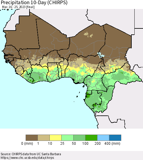 Western Africa Precipitation 10-Day (CHIRPS) Thematic Map For 3/16/2023 - 3/25/2023
