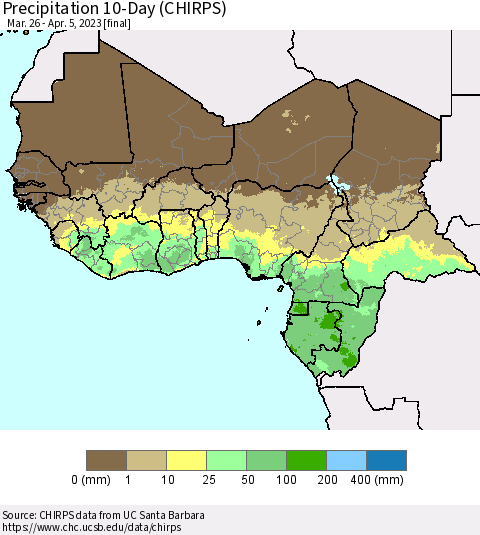 Western Africa Precipitation 10-Day (CHIRPS) Thematic Map For 3/26/2023 - 4/5/2023
