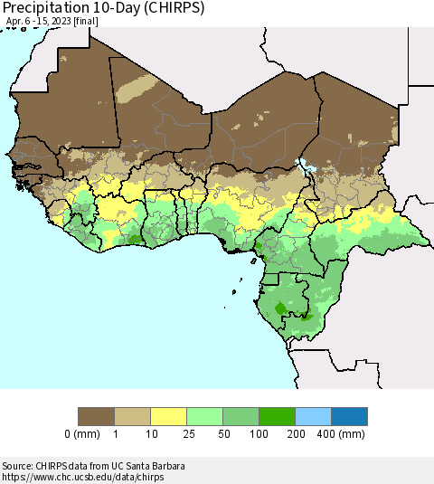 Western Africa Precipitation 10-Day (CHIRPS) Thematic Map For 4/6/2023 - 4/15/2023