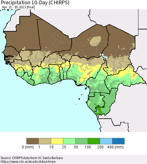 Western Africa Precipitation 10-Day (CHIRPS) Thematic Map For 4/21/2023 - 4/30/2023