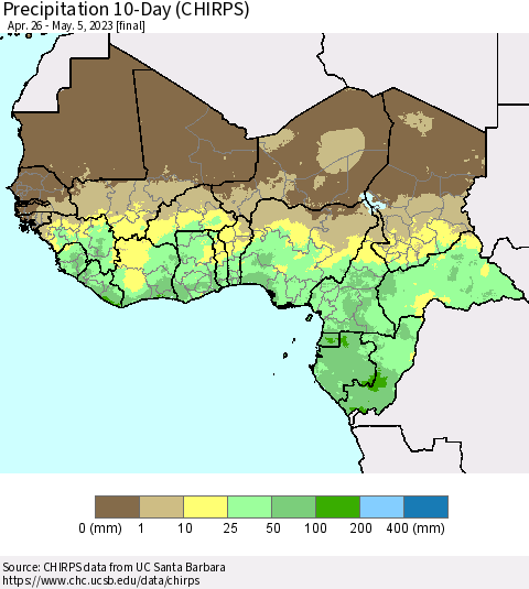 Western Africa Precipitation 10-Day (CHIRPS) Thematic Map For 4/26/2023 - 5/5/2023
