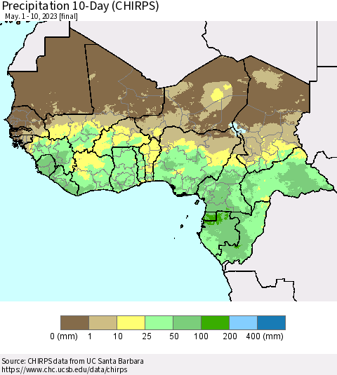 Western Africa Precipitation 10-Day (CHIRPS) Thematic Map For 5/1/2023 - 5/10/2023