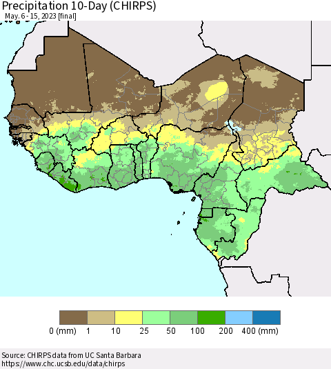 Western Africa Precipitation 10-Day (CHIRPS) Thematic Map For 5/6/2023 - 5/15/2023