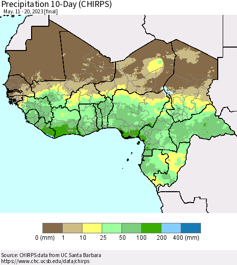 Western Africa Precipitation 10-Day (CHIRPS) Thematic Map For 5/11/2023 - 5/20/2023