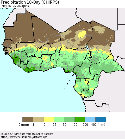 Western Africa Precipitation 10-Day (CHIRPS) Thematic Map For 5/16/2023 - 5/25/2023