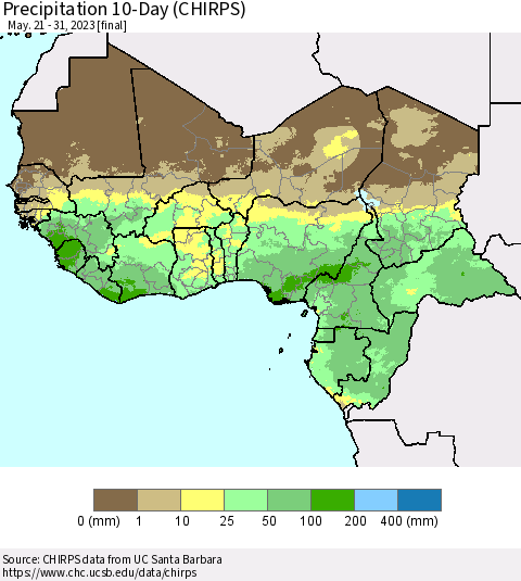 Western Africa Precipitation 10-Day (CHIRPS) Thematic Map For 5/21/2023 - 5/31/2023