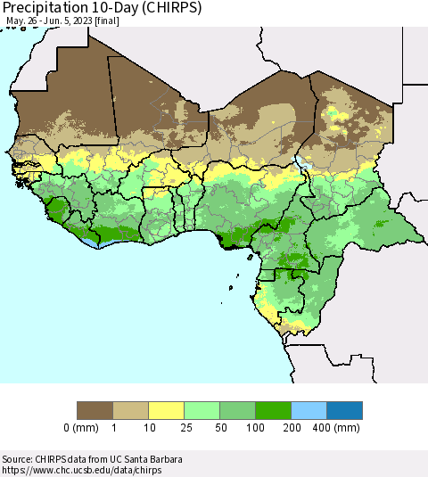 Western Africa Precipitation 10-Day (CHIRPS) Thematic Map For 5/26/2023 - 6/5/2023
