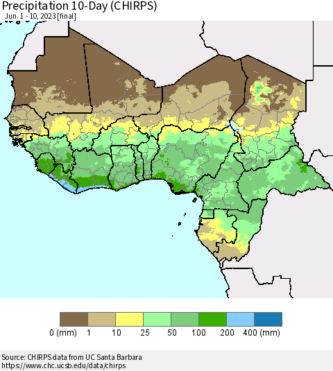 Western Africa Precipitation 10-Day (CHIRPS) Thematic Map For 6/1/2023 - 6/10/2023