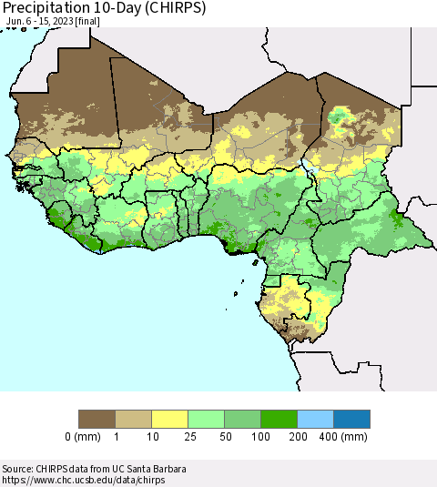 Western Africa Precipitation 10-Day (CHIRPS) Thematic Map For 6/6/2023 - 6/15/2023