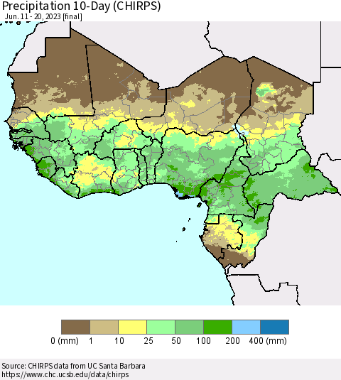 Western Africa Precipitation 10-Day (CHIRPS) Thematic Map For 6/11/2023 - 6/20/2023