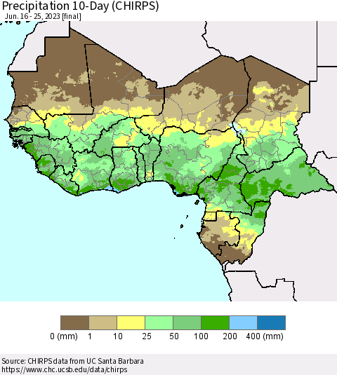 Western Africa Precipitation 10-Day (CHIRPS) Thematic Map For 6/16/2023 - 6/25/2023