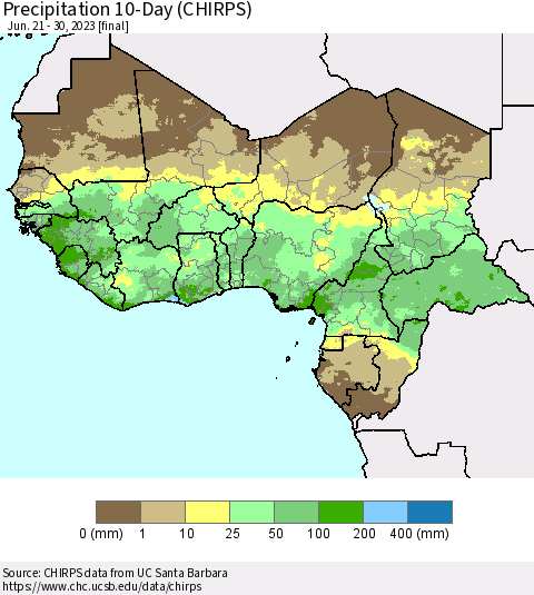 Western Africa Precipitation 10-Day (CHIRPS) Thematic Map For 6/21/2023 - 6/30/2023