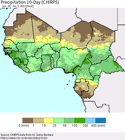 Western Africa Precipitation 10-Day (CHIRPS) Thematic Map For 6/26/2023 - 7/5/2023